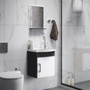 KIT TURIM SUSPENSO 1 PORTA 39cm - 1armário, 1pia em mármore sintético 1espelheira